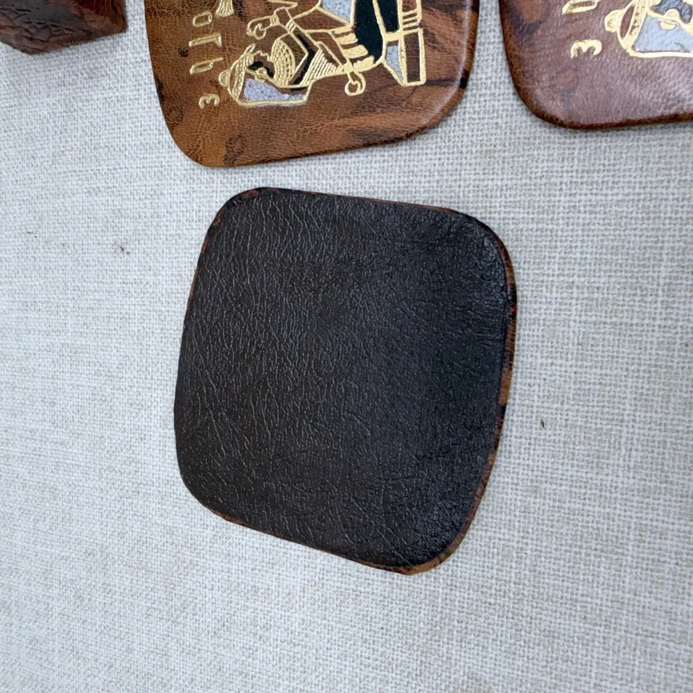 Vintage Egyptian Leather Coasters Set of 6 with‎ Holder Brown Gold Embossed